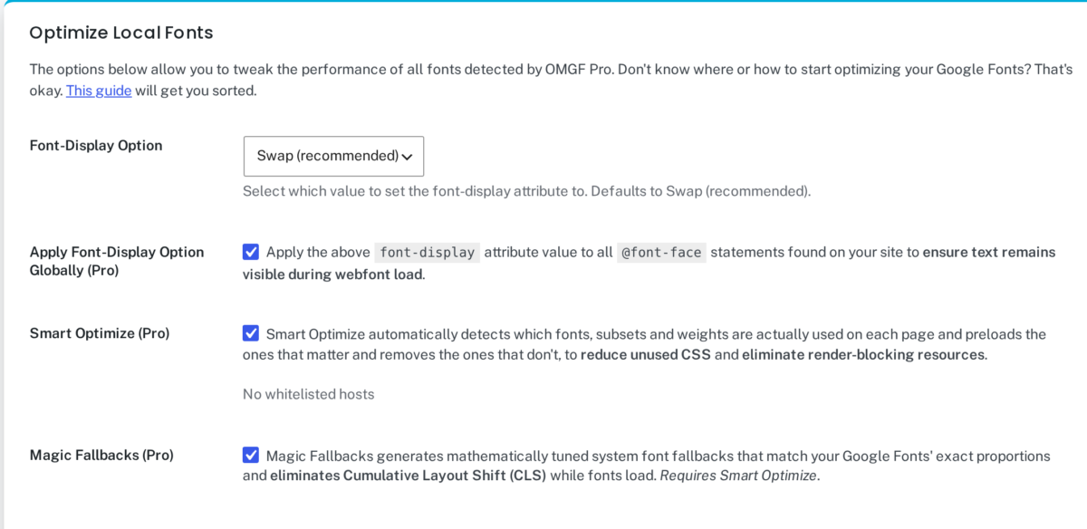 OMGF Pro's Smart Optimize, Magic Fallbacks and font-display options.