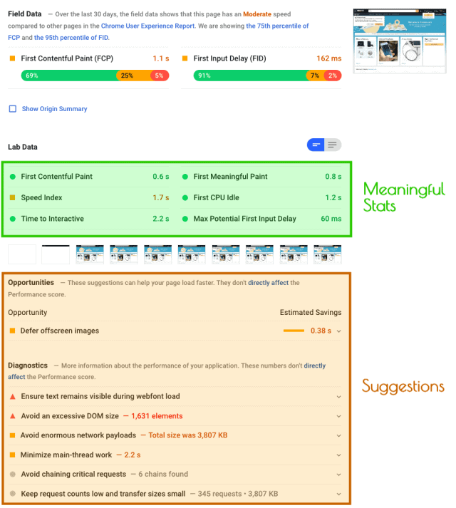 Overview of Pagespeed Insights with Lab Data marked green and Opportunities marked Orange
