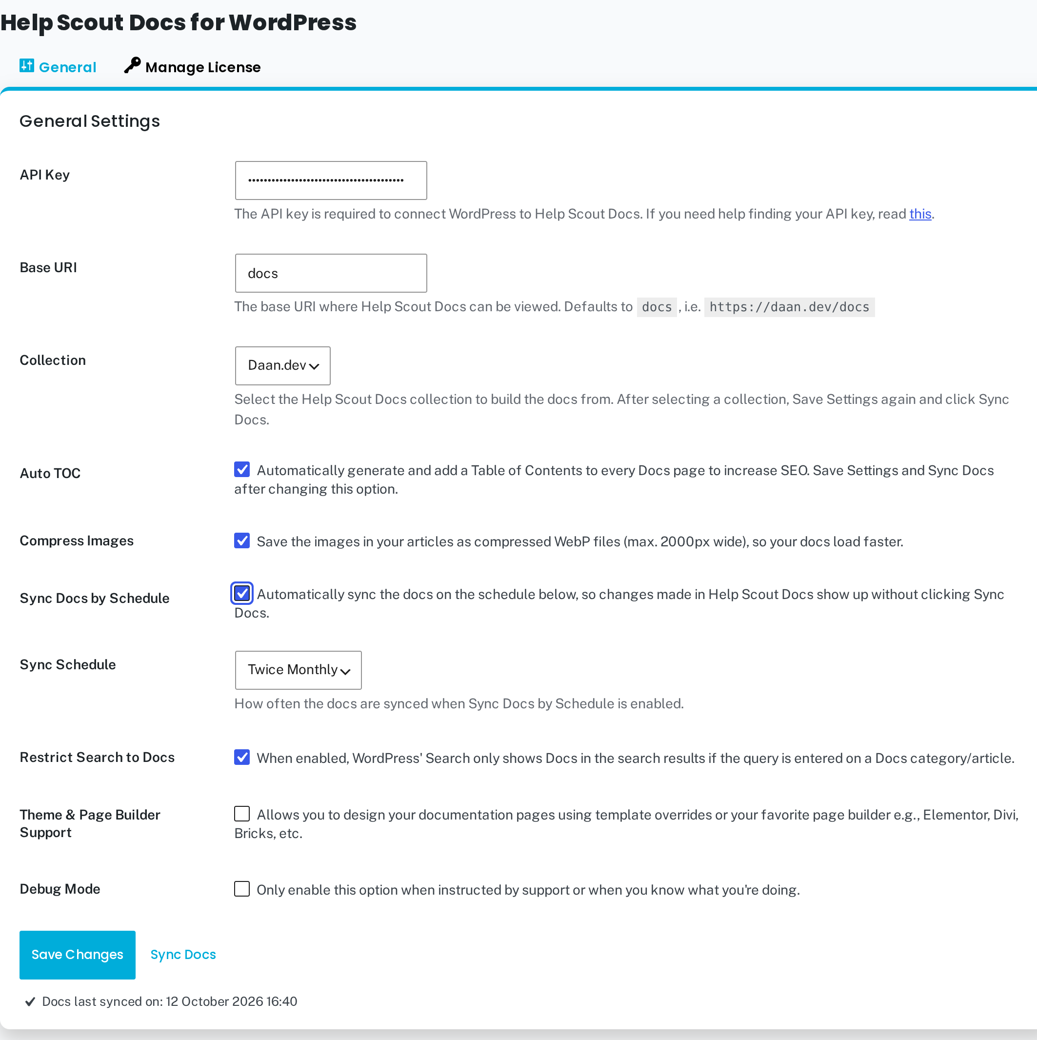 WP Help Scout Docs settings screen.