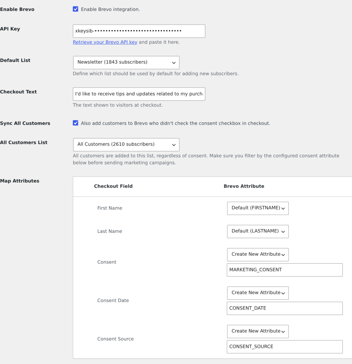 Brevo for Easy Digital Downloads settings screen, with Sync All Customers enabled.