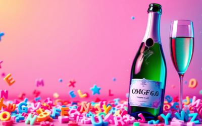 A champagne bottle, labeled OMGF 6.0, surrounded by alphabetic characters.