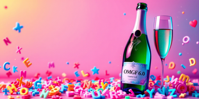 A champagne bottle, labeled OMGF 6.0, surrounded by alphabetic characters.