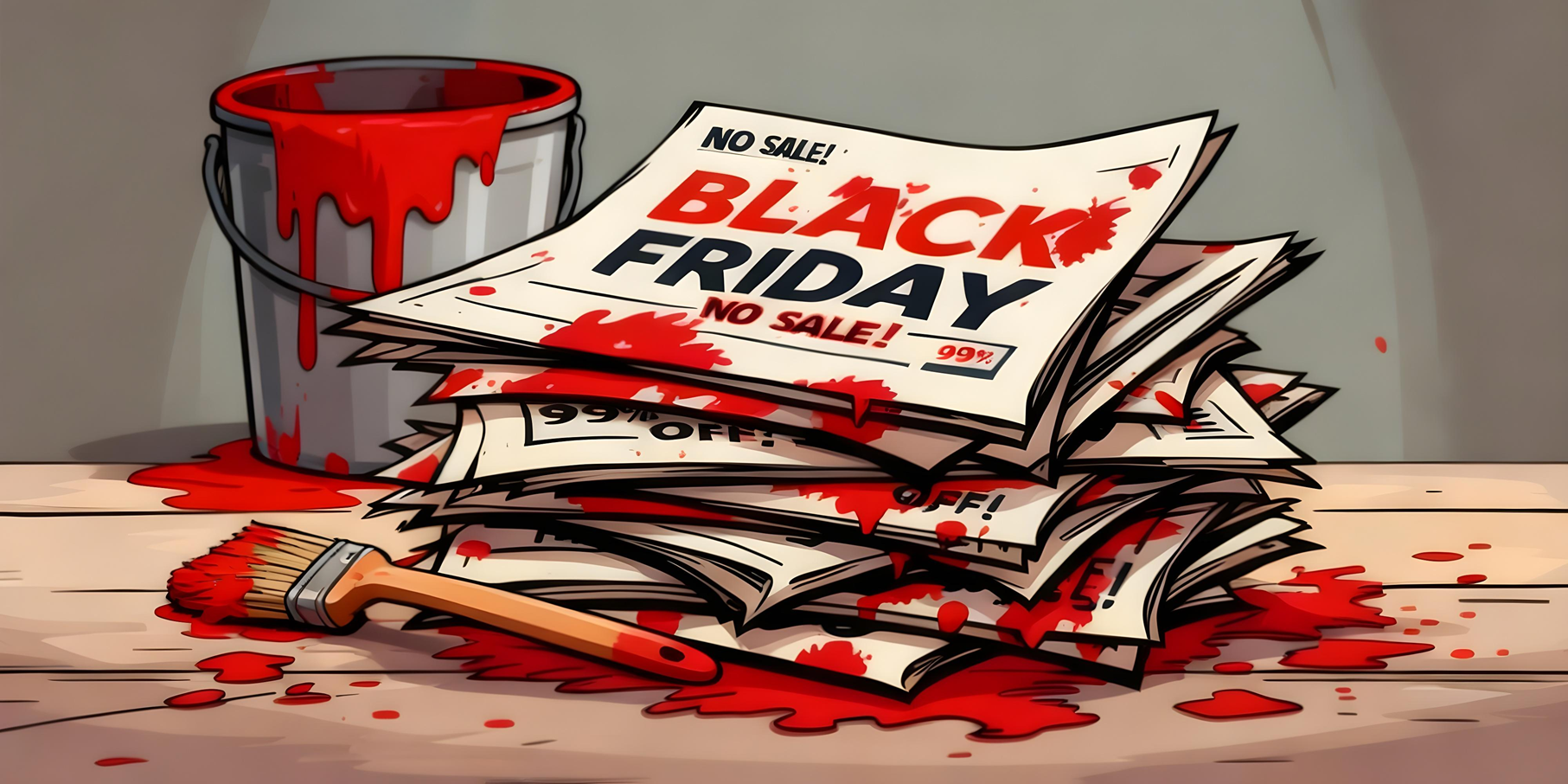 A stack of black friday flyers, clearly displaying the discount (e.g. 20% OFF! or CRAZY BLACK FRIDAY SALE! or 99% OFF!) on each underlying flyer, and they are smudged and covered in red paint. The flyer on top of the stack says NO SALE and is clearly visible.