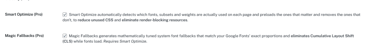 The OMGF Pro settings screen, focussed on Smart Optimize and Magic Fallbacks.