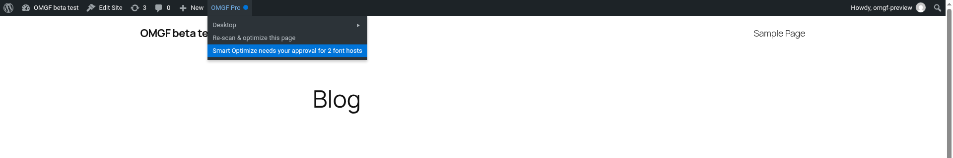 The admin bar's stoplight turns blue when font hosts await your approval