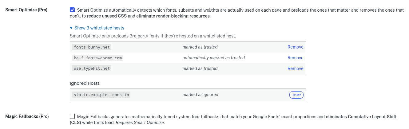 The whitelisted and ignored font hosts in the settings of the OMGF Pro WordPress plugin
