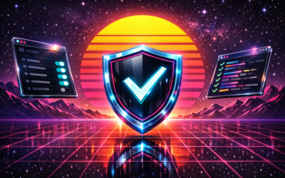 A glowing neon shield with a checkmark in front of a striped synthwave sun, between a settings window and a code window: WordPress plugin security as a feature
