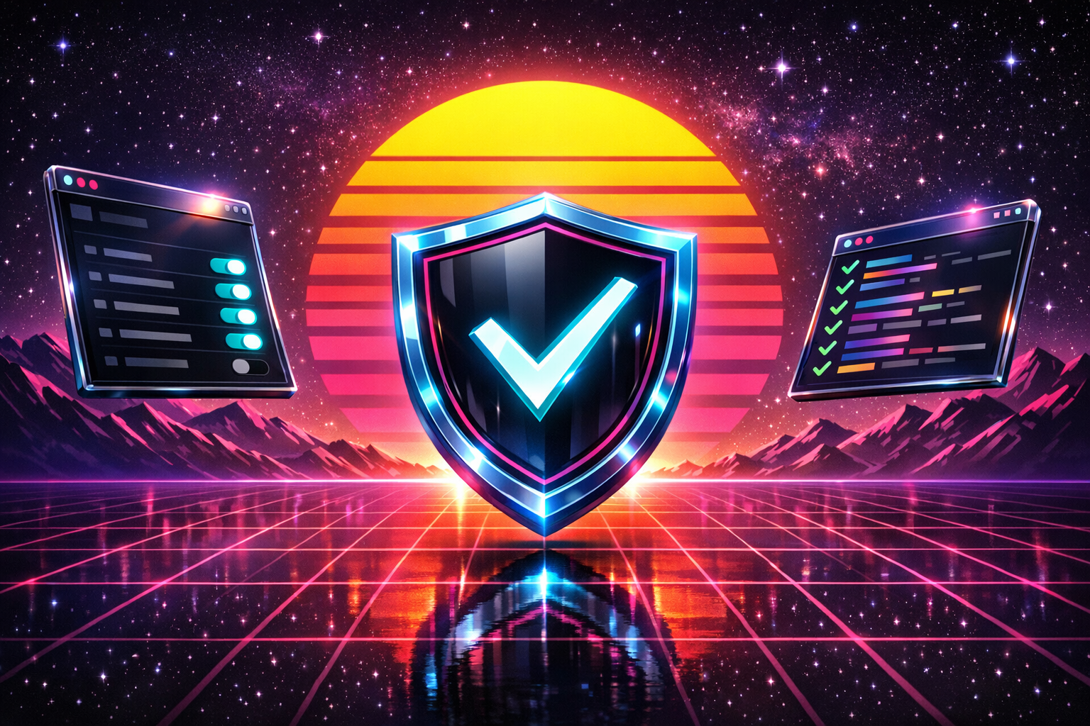 A glowing neon shield with a checkmark in front of a striped synthwave sun, between a settings window and a code window: WordPress plugin security as a feature